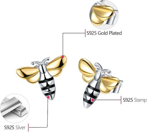 Lotus Fun 925 Sterling Silver Stud أقراط جميلة عسل Bee Studring ، هدية مجوهرات فريدة من نوعها مصنوعة يدويًا للنساء والفتيات in Saudi Arabia