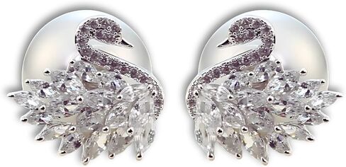 Moonlit Serenade Swan Stud Earrings for Women, Trendy Double-Sided Swan & Grey Crystal Big Pearl Studs, Hypoallergenic Sterling Silver Earring Posts, Statement Pearl Jewelry, Cute Unique Jewelry Gift in Saudi Arabia