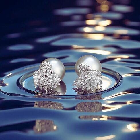 Moonlit Serenade Swan Stud Earrings for Women, Trendy Double-Sided Swan & Grey Crystal Big Pearl Studs, Hypoallergenic Sterling Silver Earring Posts, Statement Pearl Jewelry, Cute Unique Jewelry Gift in Saudi Arabia