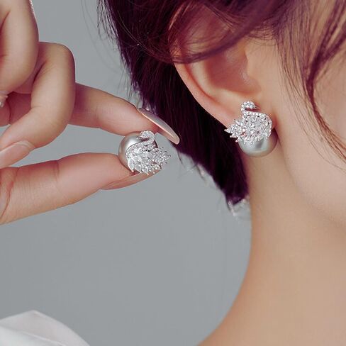 Moonlit Serenade Swan Stud Earrings for Women, Trendy Double-Sided Swan & Grey Crystal Big Pearl Studs, Hypoallergenic Sterling Silver Earring Posts, Statement Pearl Jewelry, Cute Unique Jewelry Gift in Saudi Arabia