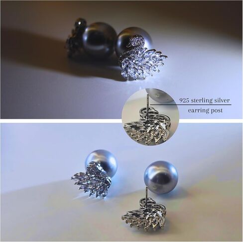 Moonlit Serenade Swan Stud Earrings for Women, Trendy Double-Sided Swan & Grey Crystal Big Pearl Studs, Hypoallergenic Sterling Silver Earring Posts, Statement Pearl Jewelry, Cute Unique Jewelry Gift in Saudi Arabia