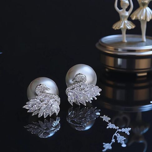 Moonlit Serenade Swan Stud Earrings for Women, Trendy Double-Sided Swan & Grey Crystal Big Pearl Studs, Hypoallergenic Sterling Silver Earring Posts, Statement Pearl Jewelry, Cute Unique Jewelry Gift in Saudi Arabia