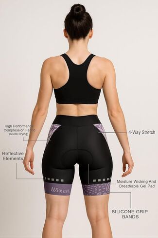شورتات ركوب الدراجات المبطنة في Wixen Women Women مع جيوب-خصر مرتفع ، شورتات داخلية للدراجة الرطوبة لركوب الدراجات والغزل-Black_Purple-XL in Kuwait