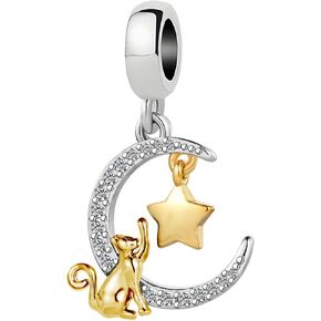 Kunbead لطيف القمر القط و Gold Star الحب عيد ميلاد قلب حبة سحر حبة متوافقة مع سوار باندورا للنساء in Saudi Arabia