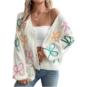زر القوس Gorglitter Women Up Cardigan Sweater ملونة مطرزة الأكمام الطويلة ذات الحجم الكبير. in Kuwait
