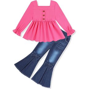 Toddler Girl Clothes Clothing Set Ruffle Long Sleeve Shirt with Flare Bow Jeans for 18M-7Y in Kuwait
