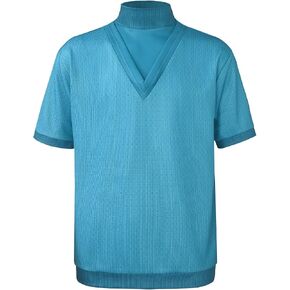 Men Blue Sleeve Blocky Costume Classic Style Pullover Semi-high V-neck Collar Shirts for Adult Men in Saudi Arabia