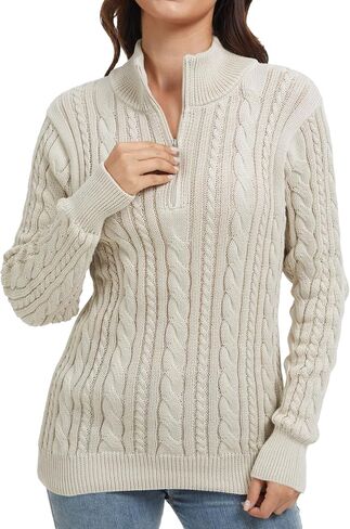 Womens Quarter Zip Sweaters Cable Knit Pullover Chunky Sweater Mock Neck 1/4 Zip Casual Top in Saudi Arabia