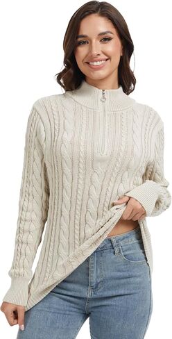 Womens Quarter Zip Sweaters Cable Knit Pullover Chunky Sweater Mock Neck 1/4 Zip Casual Top in Saudi Arabia