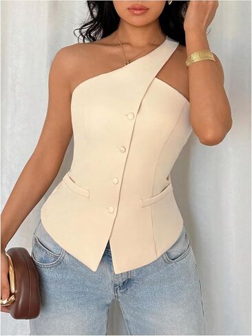 MakeMeChic Women's One Shoulder Vest Tops Button Down Sleeveless Blazer Jacket in Saudi Arabia