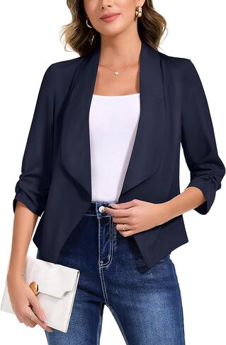Anienaya Women's Silky Satin Lightweight Blazer 3/4 Ruched Sleeve Casual Cropped Open Front Cardigan in Saudi Arabia