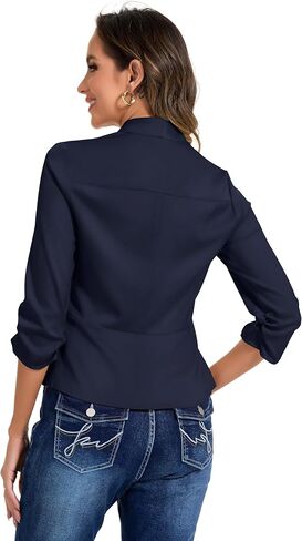 Anienaya Women's Silky Satin Lightweight Blazer 3/4 Ruched Sleeve Casual Cropped Open Front Cardigan in Saudi Arabia