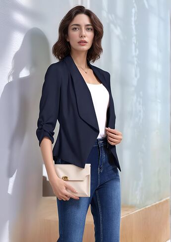 Anienaya Women's Silky Satin Lightweight Blazer 3/4 Ruched Sleeve Casual Cropped Open Front Cardigan in Saudi Arabia