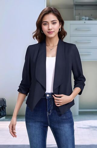 Anienaya Women's Silky Satin Lightweight Blazer 3/4 Ruched Sleeve Casual Cropped Open Front Cardigan in Saudi Arabia