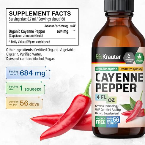 BIO KRAUTER Cayenne Pepper Extract Liquid - Pure Capsaicin Extract - Liquid Cayenne Pepper Drops for Digestive Support - Sugar & Alcohol Free 4 Fl.Oz. in Saudi Arabia