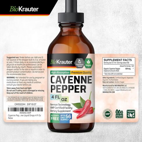 BIO KRAUTER Cayenne Pepper Extract Liquid - Pure Capsaicin Extract - Liquid Cayenne Pepper Drops for Digestive Support - Sugar & Alcohol Free 4 Fl.Oz. in Saudi Arabia