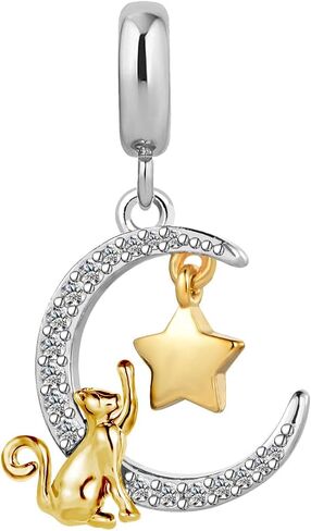 KunBead Cute Cat Moon and Gold Star Love Birthday Heart Dangle Bead Charms Compatible with Pandora Bracelet for Women in Saudi Arabia