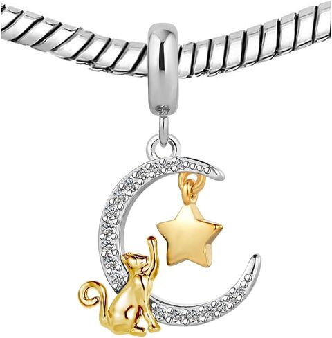 KunBead Cute Cat Moon and Gold Star Love Birthday Heart Dangle Bead Charms Compatible with Pandora Bracelet for Women in Saudi Arabia