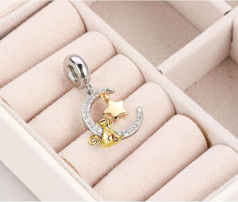 KunBead Cute Cat Moon and Gold Star Love Birthday Heart Dangle Bead Charms Compatible with Pandora Bracelet for Women in Saudi Arabia