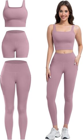 3 Piece Workout Sets for Women High Waisted Leggings with Pockets Tummy Control Biker Shorts Yoga Sports Bra in Kuwait
