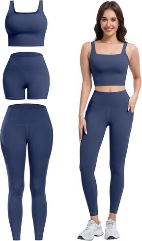 3 Piece Workout Sets for Women High Waisted Leggings with Pockets Tummy Control Biker Shorts Yoga Sports Bra in Kuwait