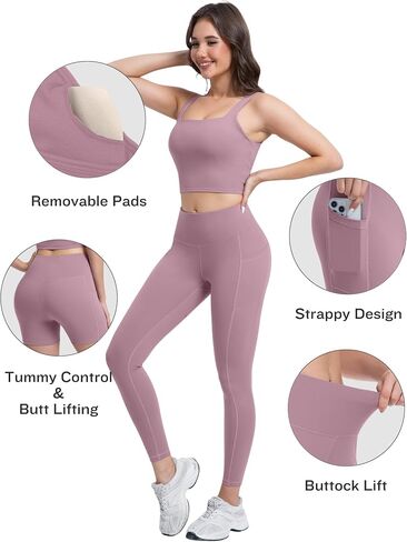 3 Piece Workout Sets for Women High Waisted Leggings with Pockets Tummy Control Biker Shorts Yoga Sports Bra in Kuwait