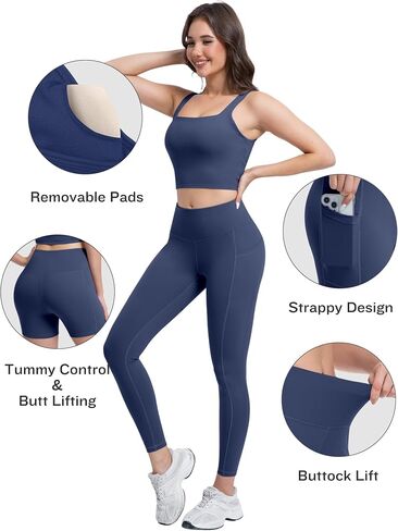 3 Piece Workout Sets for Women High Waisted Leggings with Pockets Tummy Control Biker Shorts Yoga Sports Bra in Kuwait