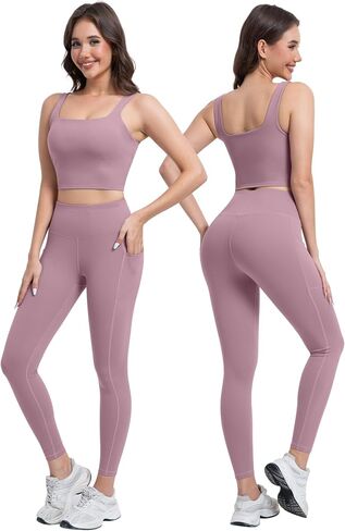 3 Piece Workout Sets for Women High Waisted Leggings with Pockets Tummy Control Biker Shorts Yoga Sports Bra in Kuwait