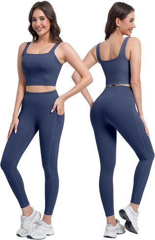3 Piece Workout Sets for Women High Waisted Leggings with Pockets Tummy Control Biker Shorts Yoga Sports Bra in Kuwait