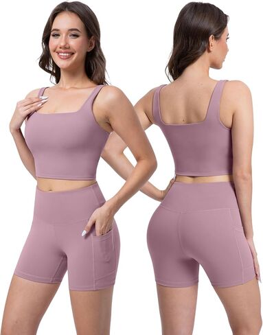 3 Piece Workout Sets for Women High Waisted Leggings with Pockets Tummy Control Biker Shorts Yoga Sports Bra in Kuwait