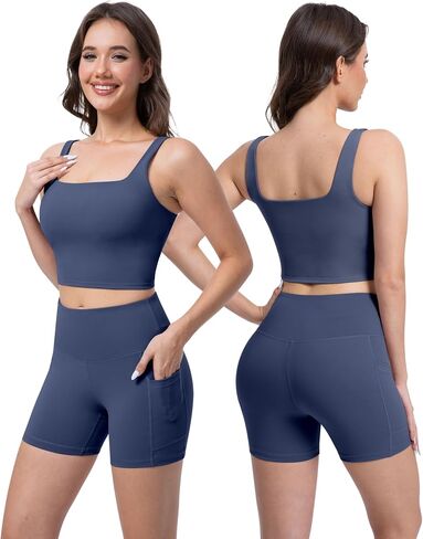 3 Piece Workout Sets for Women High Waisted Leggings with Pockets Tummy Control Biker Shorts Yoga Sports Bra in Kuwait