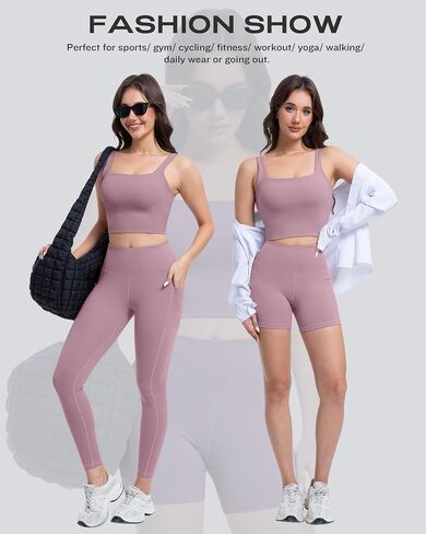 3 Piece Workout Sets for Women High Waisted Leggings with Pockets Tummy Control Biker Shorts Yoga Sports Bra in Kuwait