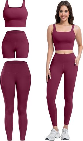 3 Piece Workout Sets for Women High Waisted Leggings with Pockets Tummy Control Biker Shorts Yoga Sports Bra in Kuwait