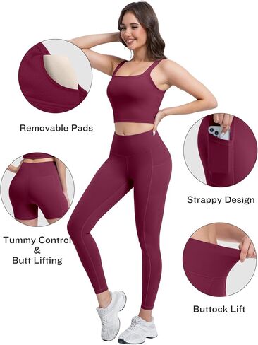 3 Piece Workout Sets for Women High Waisted Leggings with Pockets Tummy Control Biker Shorts Yoga Sports Bra in Kuwait