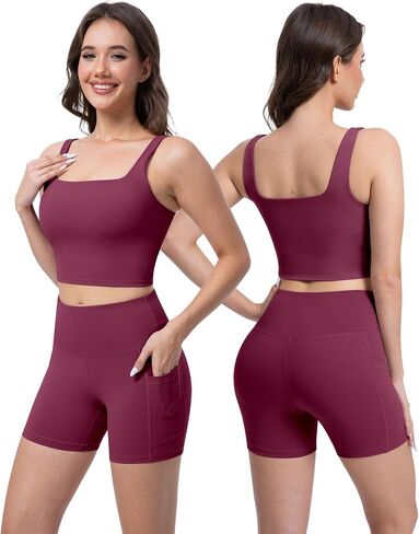 3 Piece Workout Sets for Women High Waisted Leggings with Pockets Tummy Control Biker Shorts Yoga Sports Bra in Kuwait