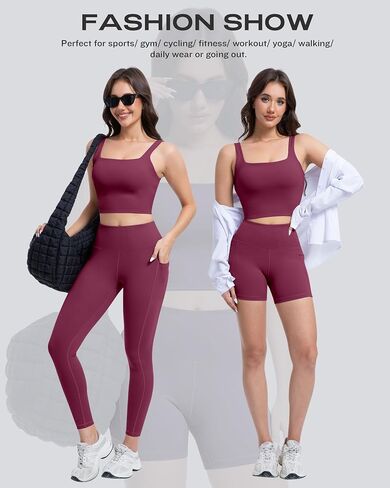 3 Piece Workout Sets for Women High Waisted Leggings with Pockets Tummy Control Biker Shorts Yoga Sports Bra in Kuwait