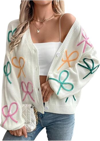 زر القوس Gorglitter Women Up Cardigan Sweater ملونة مطرزة الأكمام الطويلة ذات الحجم الكبير. in Saudi Arabia
