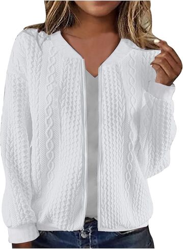 zip up sweatshirt women cable متماسكة الأكمام الطويلة كارديجان مفتوحة السترة الخارجية غير الرسمية ملابس خارجية مع جيوب in Kuwait