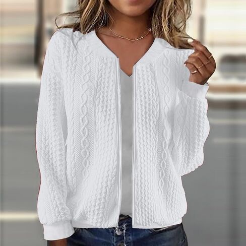zip up sweatshirt women cable متماسكة الأكمام الطويلة كارديجان مفتوحة السترة الخارجية غير الرسمية ملابس خارجية مع جيوب in Kuwait