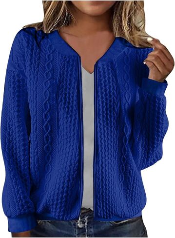 zip up sweatshirt women cable متماسكة الأكمام الطويلة كارديجان مفتوحة السترة الخارجية غير الرسمية ملابس خارجية مع جيوب in Kuwait