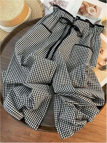 MakeMeChic Women's Gingham Straight Leg Long Pants Drawstring Paperbag Waist Loose Trousers with Pockets in Kuwait