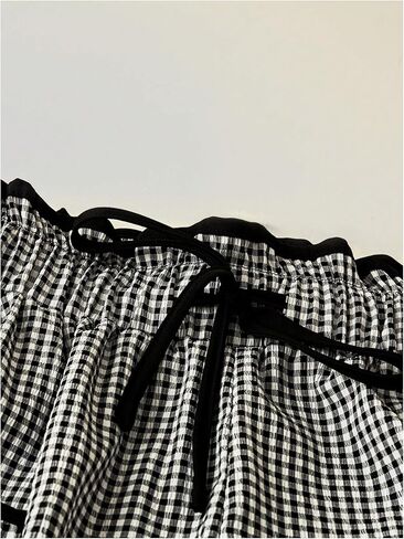 MakeMeChic Women's Gingham Straight Leg Long Pants Drawstring Paperbag Waist Loose Trousers with Pockets in Kuwait