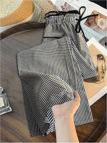 MakeMeChic Women's Gingham Straight Leg Long Pants Drawstring Paperbag Waist Loose Trousers with Pockets in Kuwait