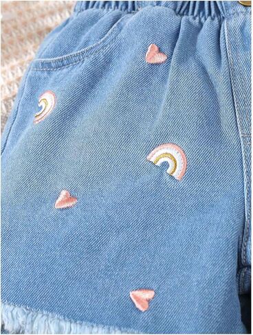 GORGLITTER Girl's Denim Shorts Floral Embroidery Elastic High Waist Jean Shorts with Pockets in Saudi Arabia