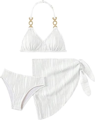 SweatyRocks Girl's 3 Piece Swimsuit Textured Halter Bikini Set with Beach Cover Up Skirt Swimwear in Saudi Arabia