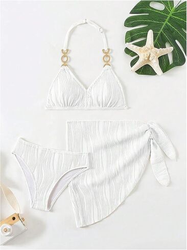 SweatyRocks Girl's 3 Piece Swimsuit Textured Halter Bikini Set with Beach Cover Up Skirt Swimwear in Saudi Arabia