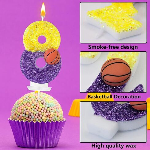 Hxouse Basketball رقم 8 شموع عيد ميلاد - شموع أعياد الميلاد الذهبية الأرجواني للكعك ، 8 شمعة لكرة السلة ، كعكة الكعكة ، هدايا ديكورات الحفلات الرياضية (رقم 8) in Saudi Arabia