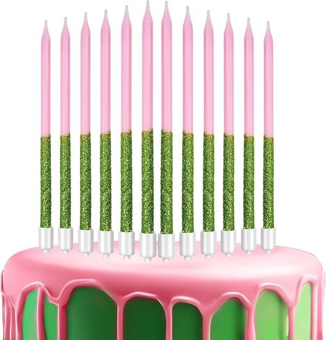 TaoBary 24 Pcs Green and Pink Birthday Candles for Cake, Witch Birthday Cake Candles, Glitter Sparkly, Cute Cupcake Topper for Witch Wedding Baby Shower Glitter Party Decorations in Saudi Arabia