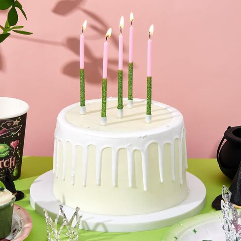TaoBary 24 Pcs Green and Pink Birthday Candles for Cake, Witch Birthday Cake Candles, Glitter Sparkly, Cute Cupcake Topper for Witch Wedding Baby Shower Glitter Party Decorations in Saudi Arabia