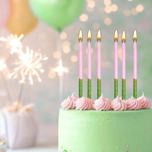 TaoBary 24 Pcs Green and Pink Birthday Candles for Cake, Witch Birthday Cake Candles, Glitter Sparkly, Cute Cupcake Topper for Witch Wedding Baby Shower Glitter Party Decorations in Saudi Arabia